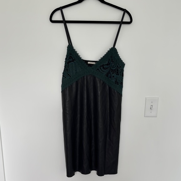 Zara Dresses & Skirts - Zara Trafaluc Black Faux Leather/Green Crochet Embroidered Slip Dress, - Size M